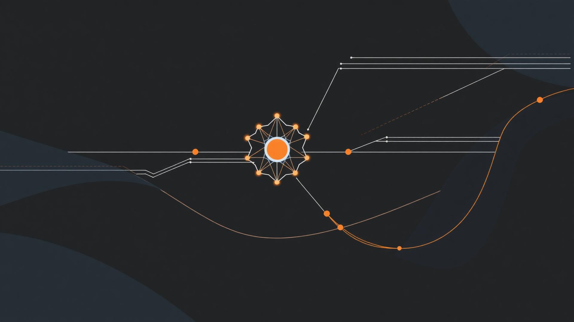 Abstract visualization of data streams converging into a single AI node